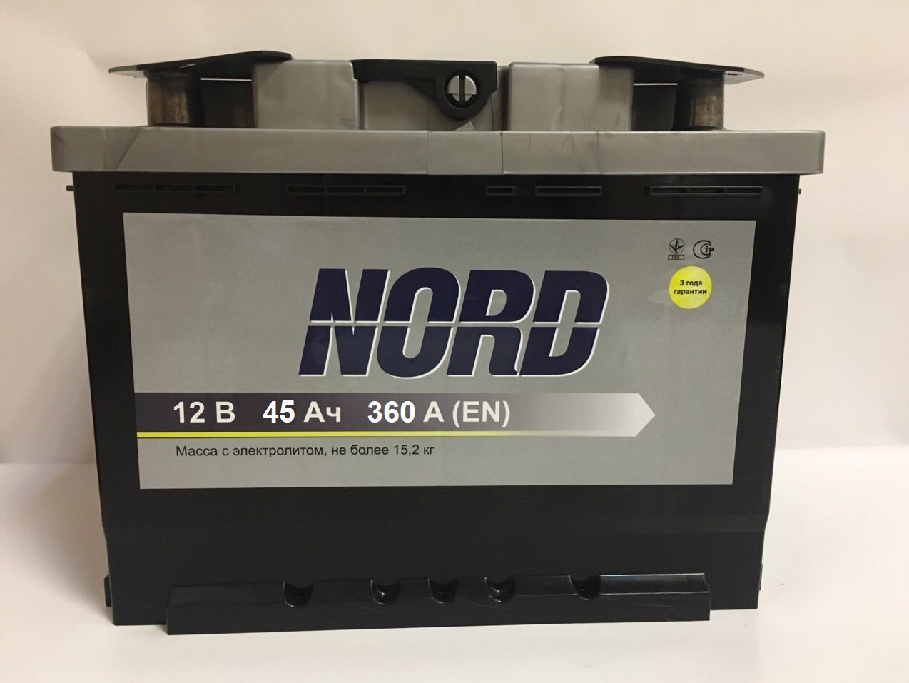 Акумулятор легковий NORD 6СТ-45(0), 12B, 45Ah, 360A, плюс праворуч (R+) кальцієвий (Ca/Ca), 207x175x175мм (NORD045E0)